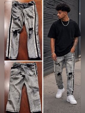 Rue21 Premium Men's Distressed Grey Washed Jeans with Side Stripe